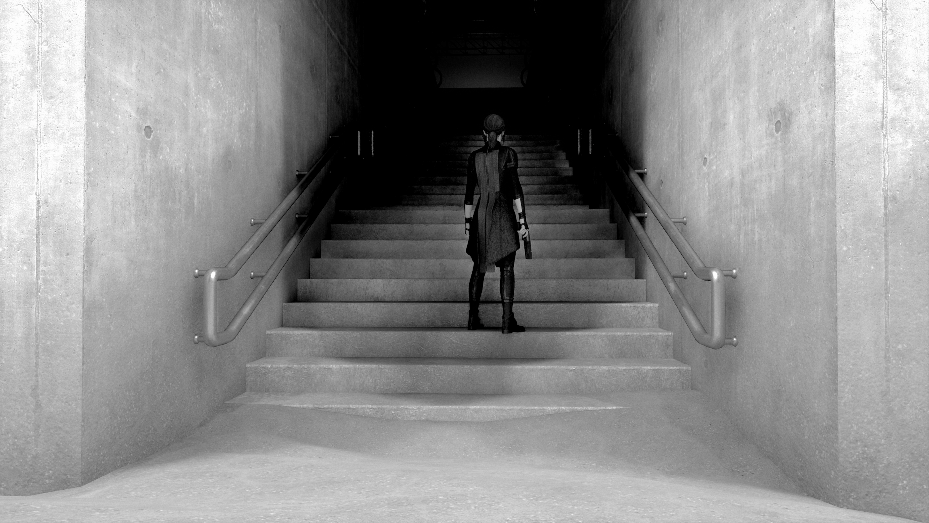 The protagonist, Jesse, stands at the bottom of a set of stairs looking up into the dark void they ascend to.